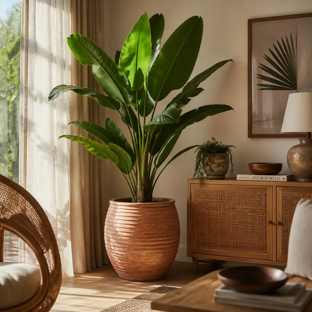 Low-cost investment biophilic living room featuring an artificial banana plant and natural wood textures.