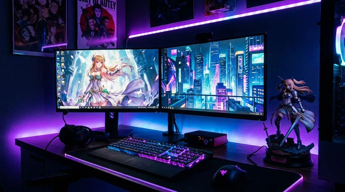 Anime gaming setup with dual monitors, RGB lighting, and anime figure display on collector shelf