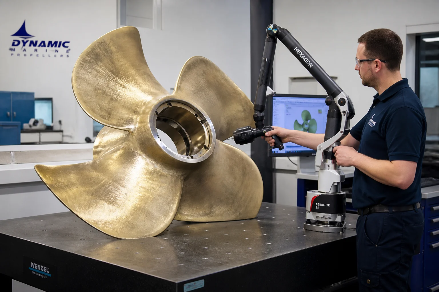Nickel-Aluminum Bronze marine propeller casting on granite inspection table with 3D measuring arm