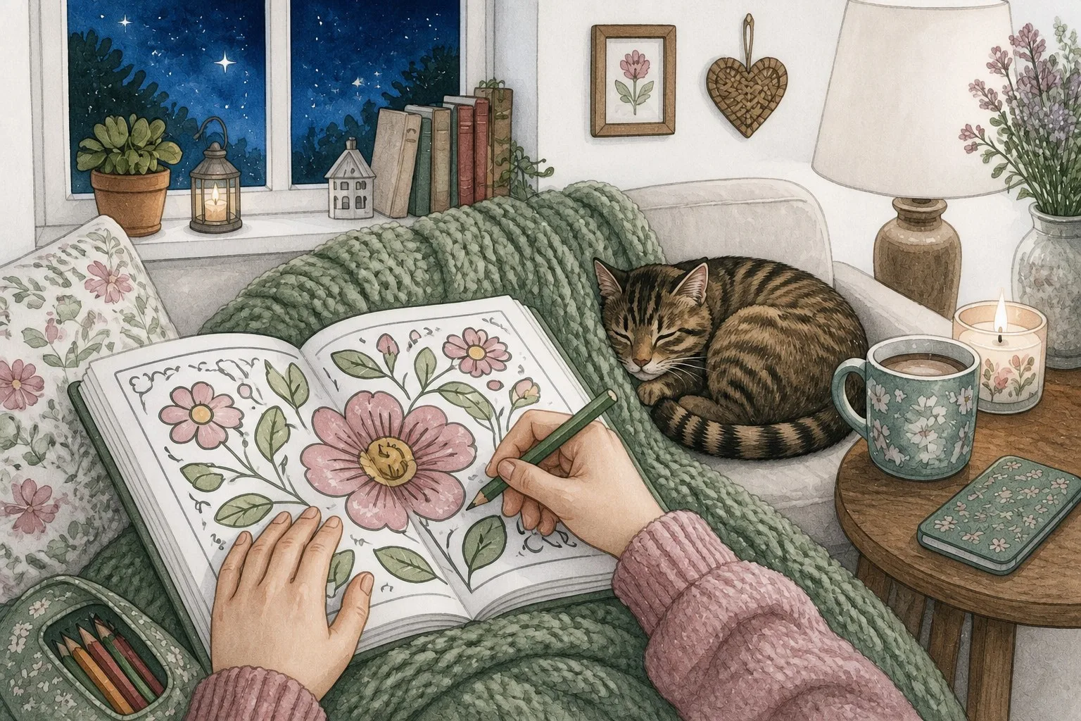 A peaceful evening coloring routine — cozy sofa, knit blanket, steaming mug, phone face-down, starry window