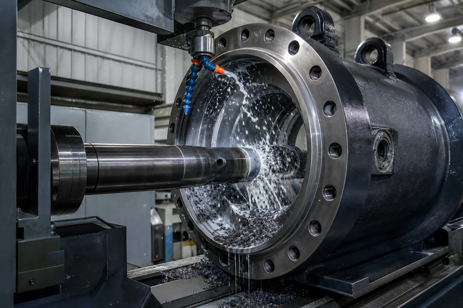 Heavy CNC horizontal deep-hole boring machine machining internal seal bores of hydraulic cylinder