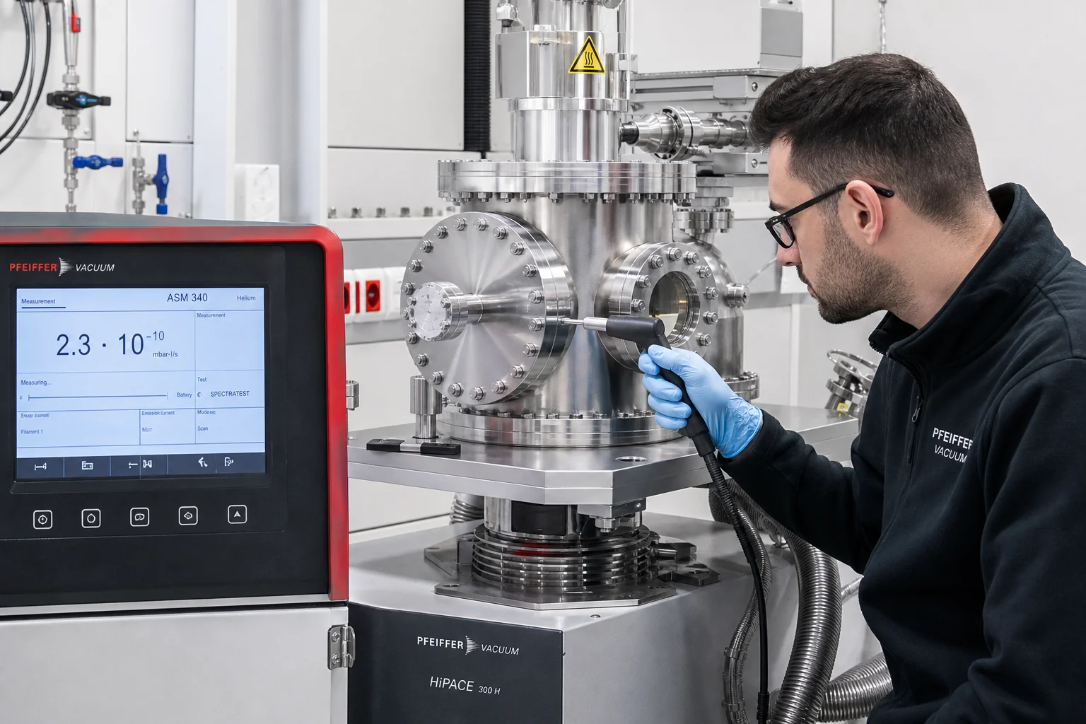 Specialized helium mass spectrometer leak detection testing of vacuum chamber with sniffing probe