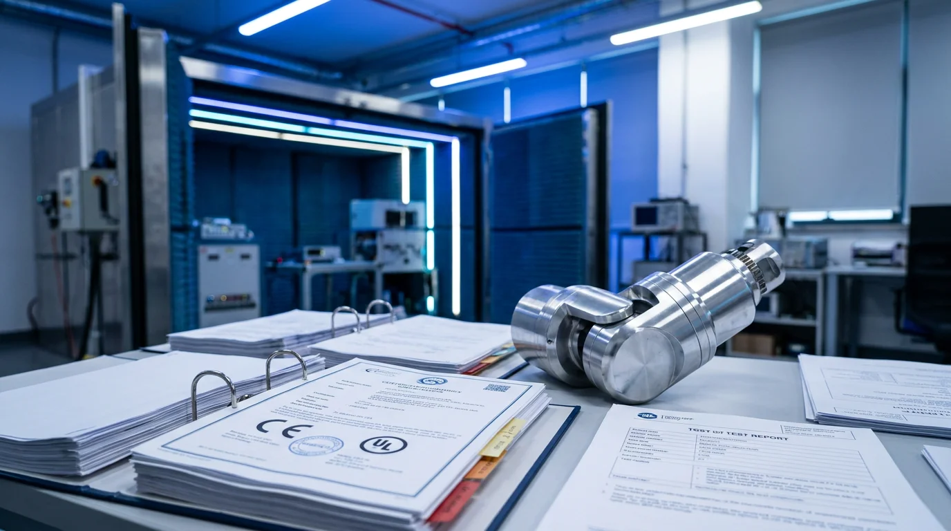 Silver robot joint module on a desk next to CE and UL certification documents with EMC testing chamber visible in background