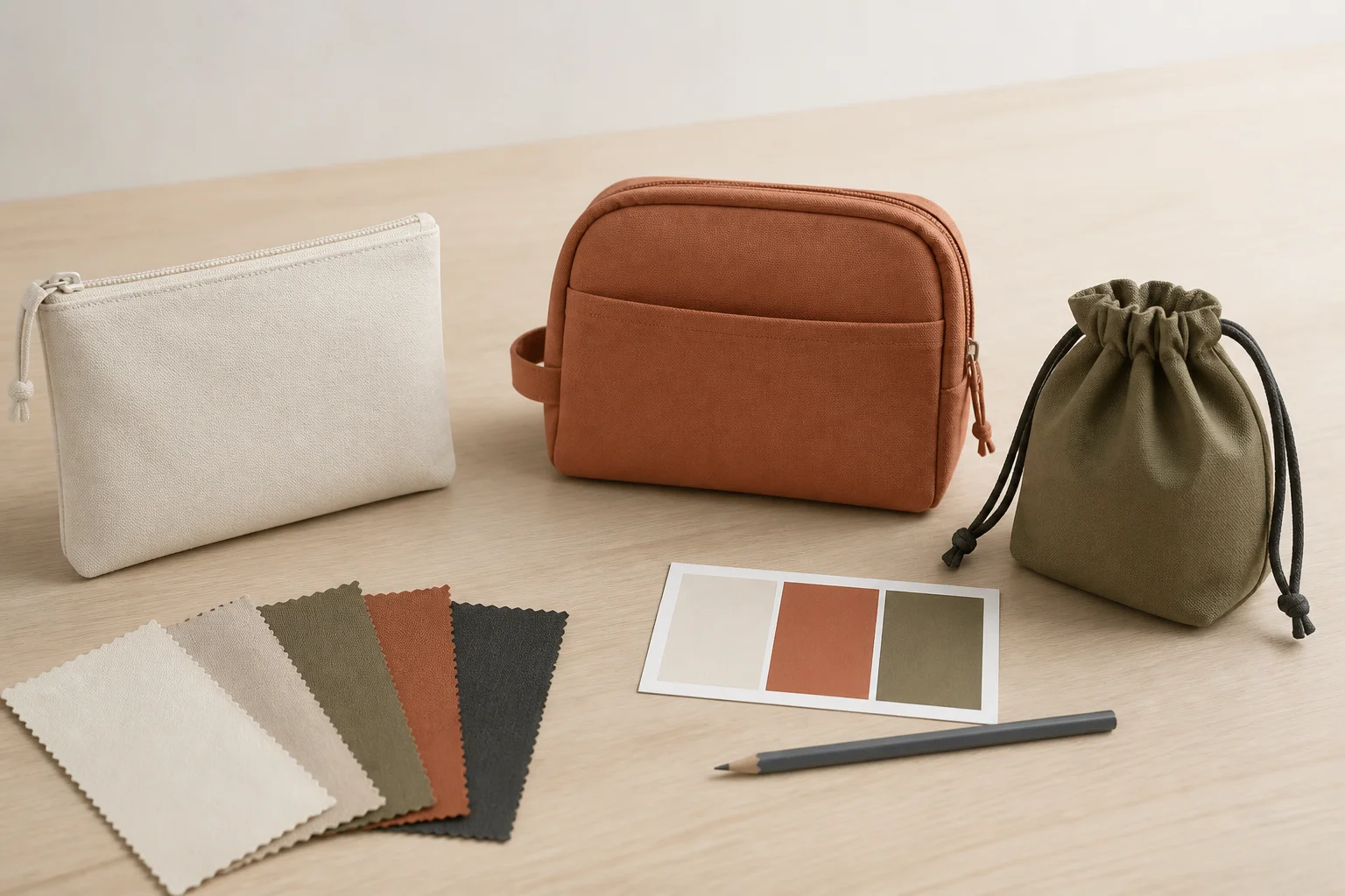 Three unbranded cosmetic bag prototypes arranged with fabric swatches for sample comparison
