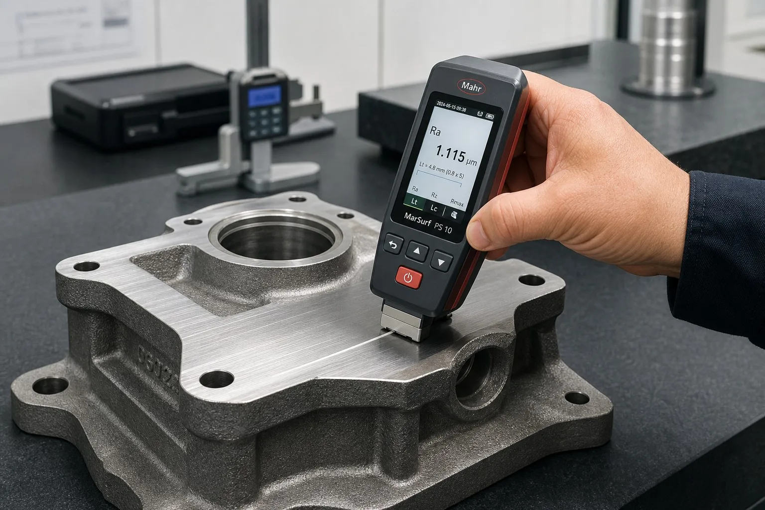 Portable surface roughness tester measuring Ra on machined casting surface