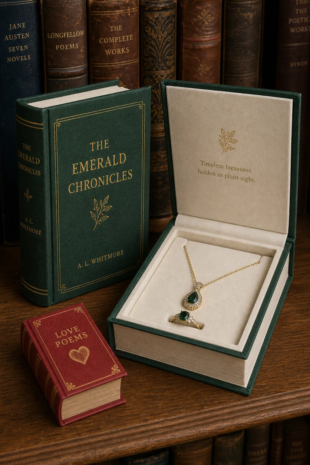 Green cloth-bound book jewelry box open with gold necklace and ring on ivory velvet, standing among vintage books