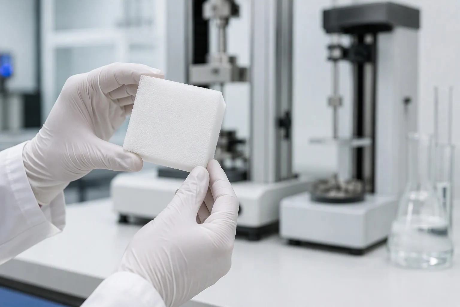 Quality-control technician inspecting a closed-cell foam sample in a testing laboratory