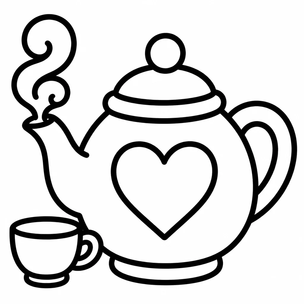 Bold & Easy line art illustration of a cozy rounded teapot with a simple heart outline and steam, next to a small teacup on a pure white background