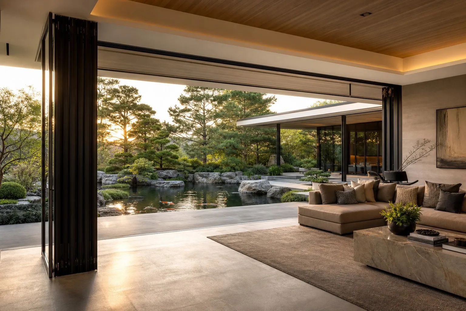 Luxury villa living room with aluminum stacking doors fully open to garden koi pond golden hour