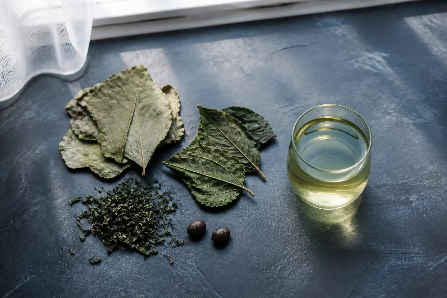lotus leaf mulberry green tea cassia seeds pale green infusion cool slate afternoon still life