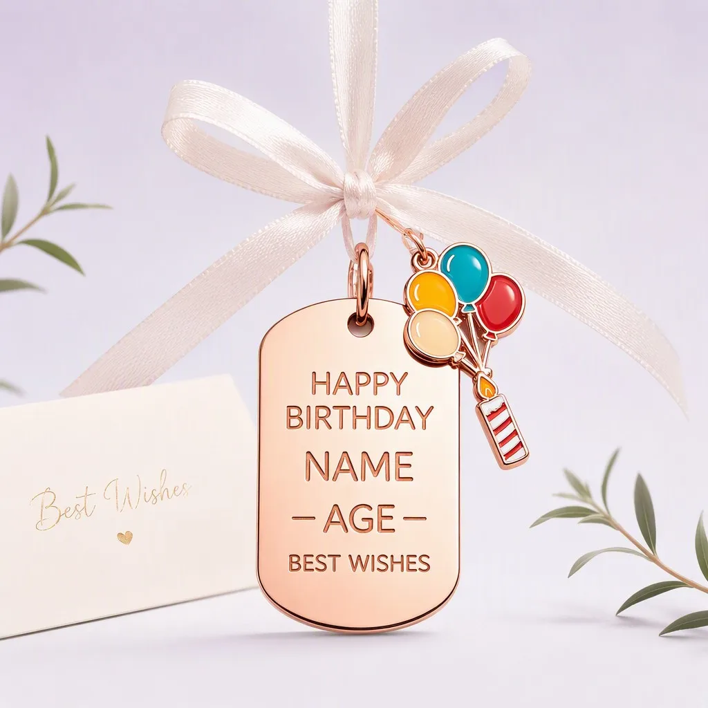 Rose gold dog tag with birthday balloons and candles