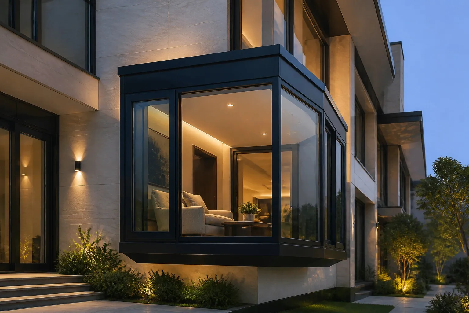 Luxury villa with projecting aluminum glass bay window three panels interior seating nook