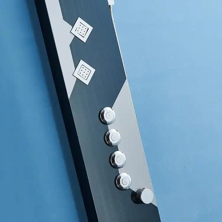 Chrome Rotary Diverter Controls and Diamond Body Spray Array obsidian-hydro-massage-shower-tower-controls