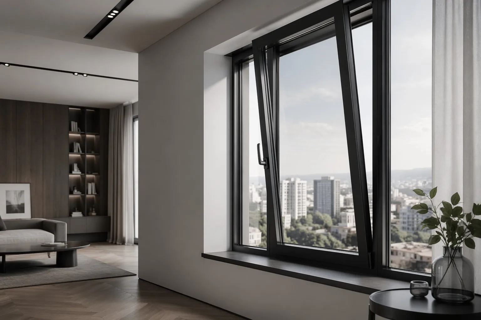 Luxury modern apartment with black China tilt and turn aluminum window in tilt position