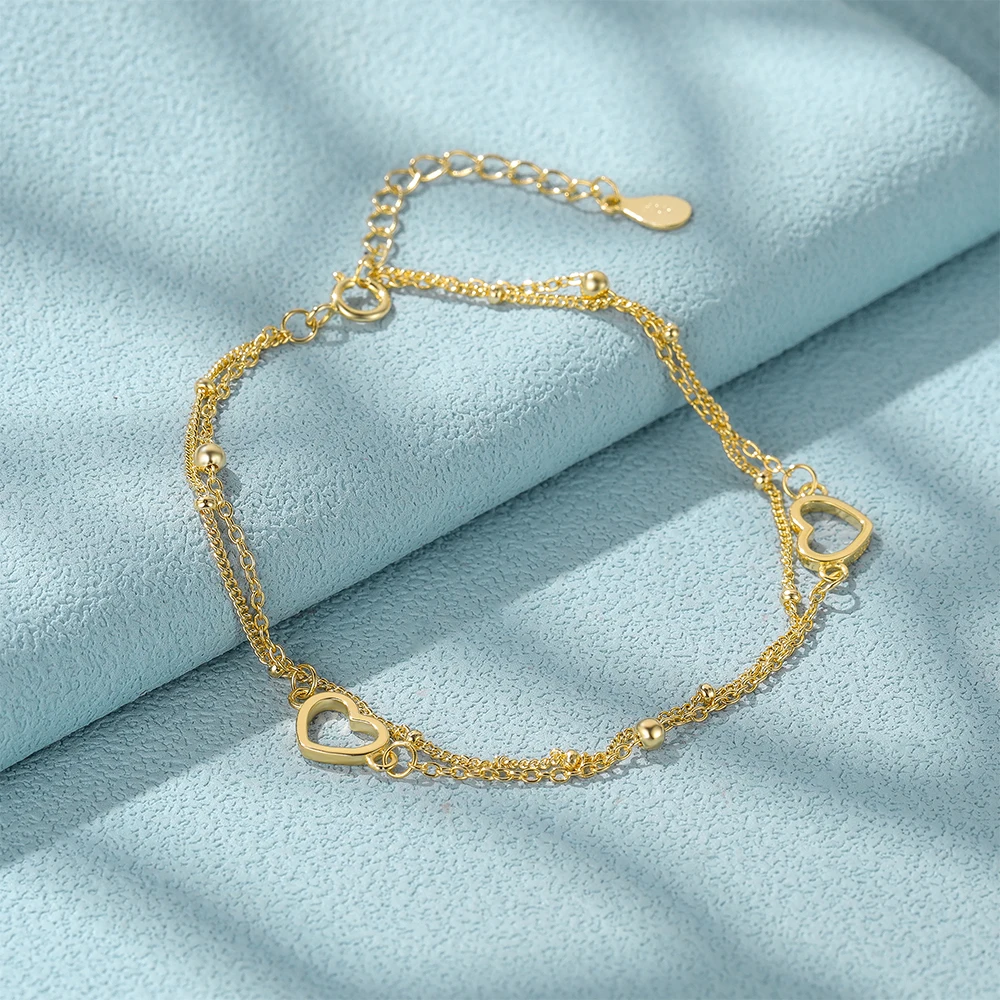 

CANNER Simple S925 Sterling Silver Double-Layer Love Heart Bracelet 14k 18k Gold-Plated Rollo Chain Silver Bracelet Gift Girl Va