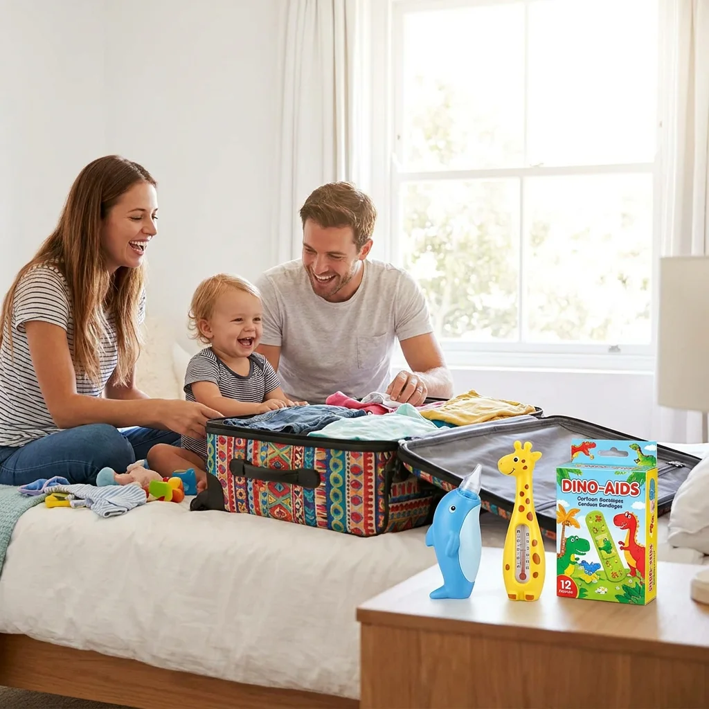 Family packing for summer with cartoon healthcare tools