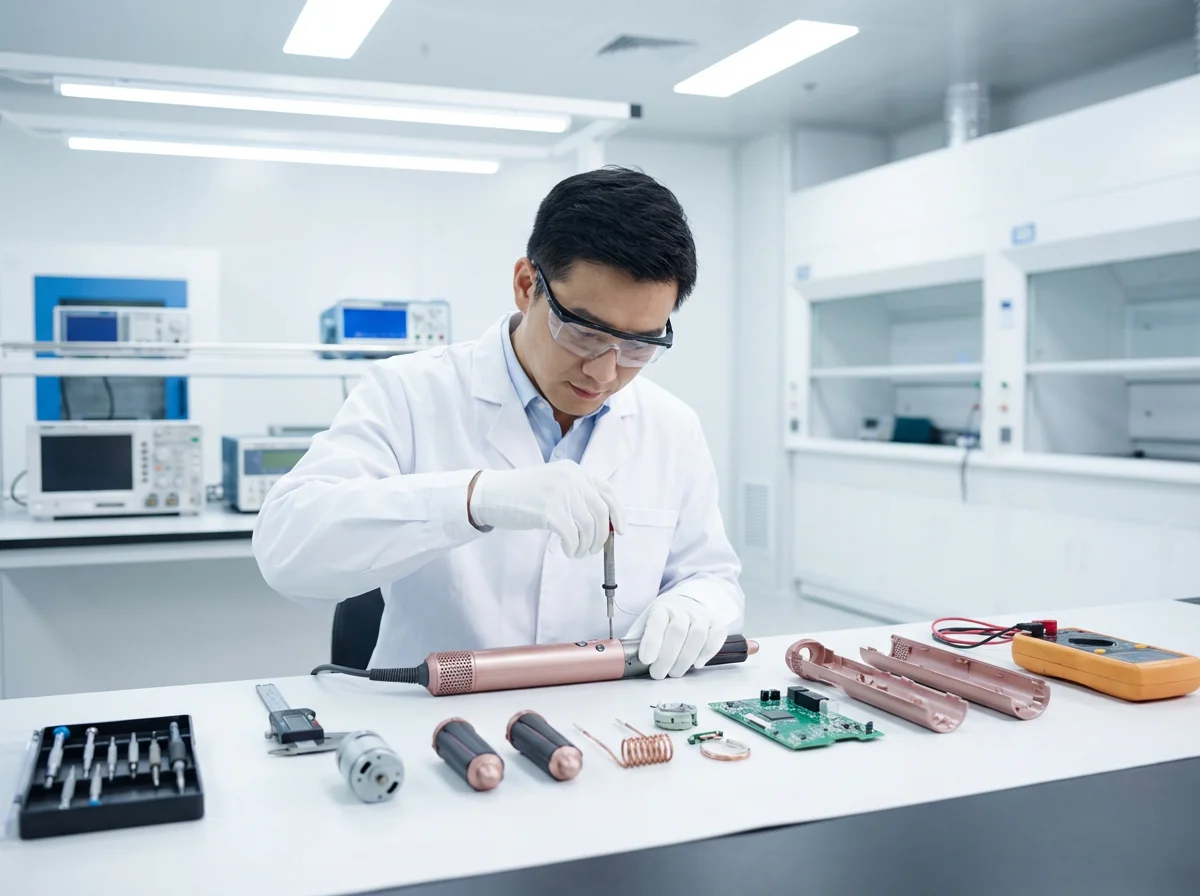 Mesky R&D engineer performing product teardown analysis on hot air brush components