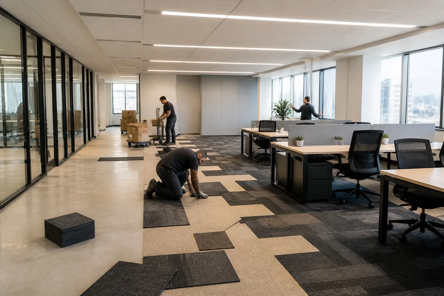 Modern office renovation with modular carpet tiles installed around workstations and natural light