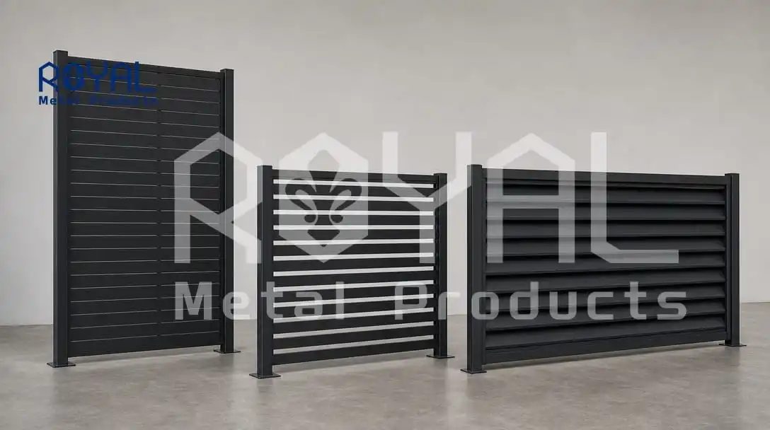 Aluminium slat privacy screen, slat fence panel and louvred screen in matte black powder coat - aluminium fencing product range for retail supply