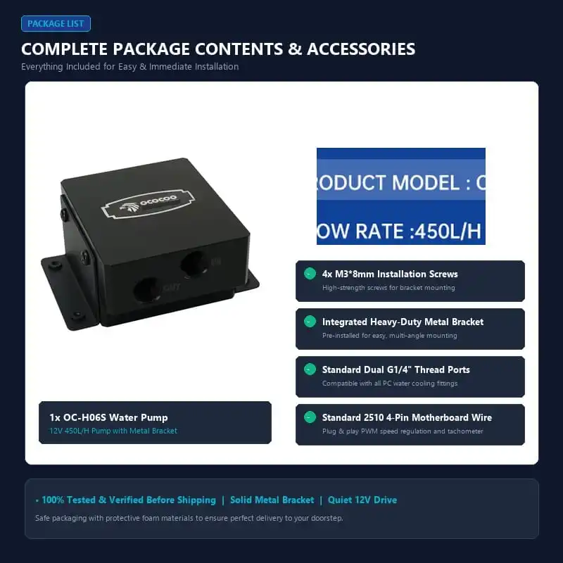 OC-H06S package: pump, four M3x8 screws, bracket, 2510 cable