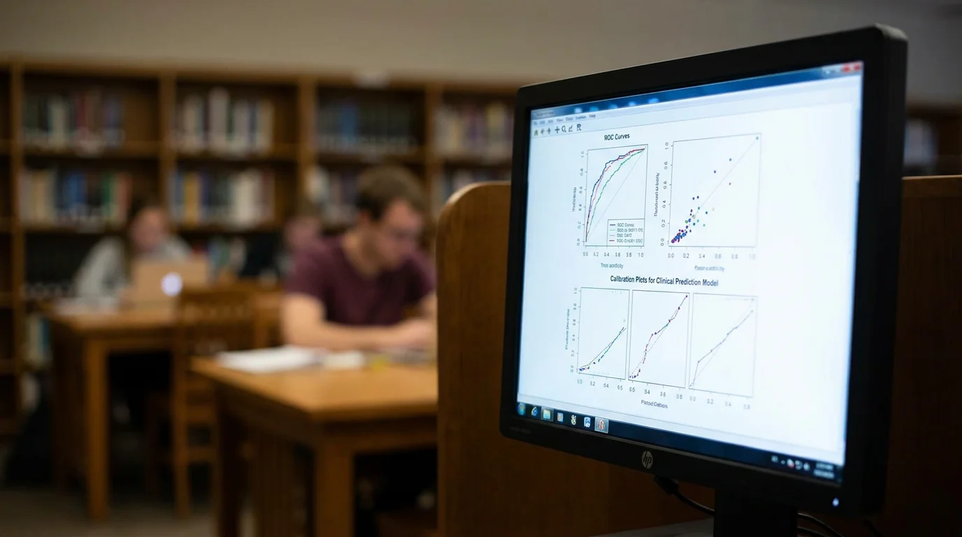 Monitor displaying calibration plots and ROC curves
