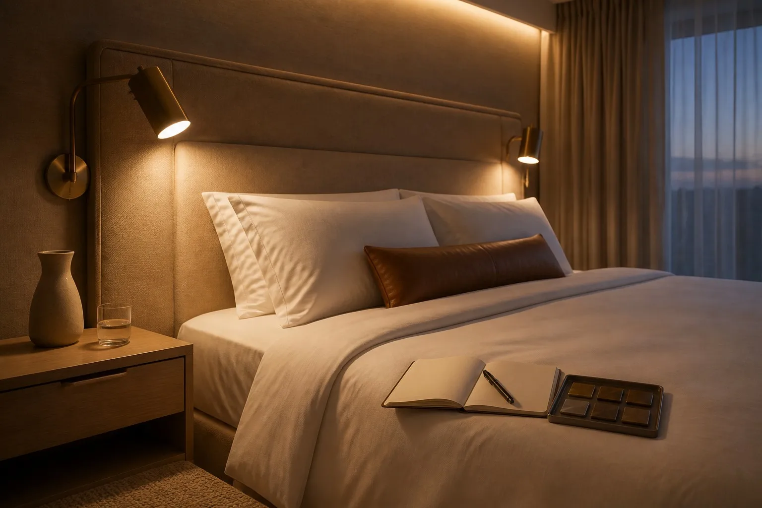 Hotel guest room mock-up with bespoke brass bedside reading lamps at dusk
