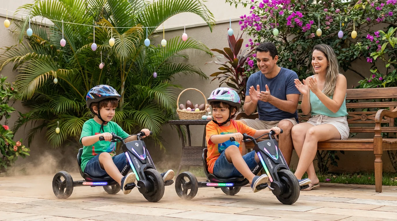 Crianças felizes em drift trikes coloridos no jardim durante o Domingo de Páscoa em família