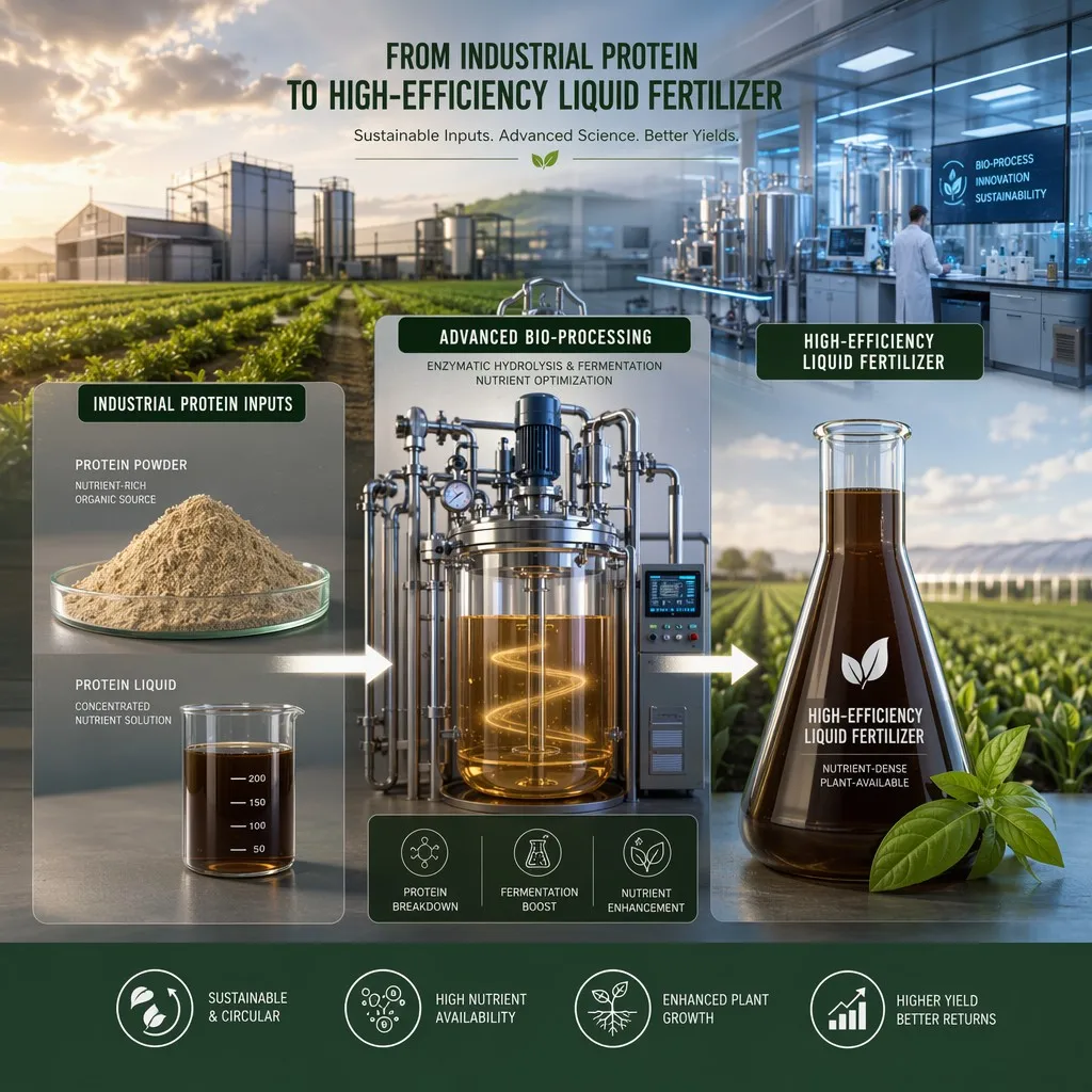 Industrial protein transformation into high-efficiency liquid fertilizer
