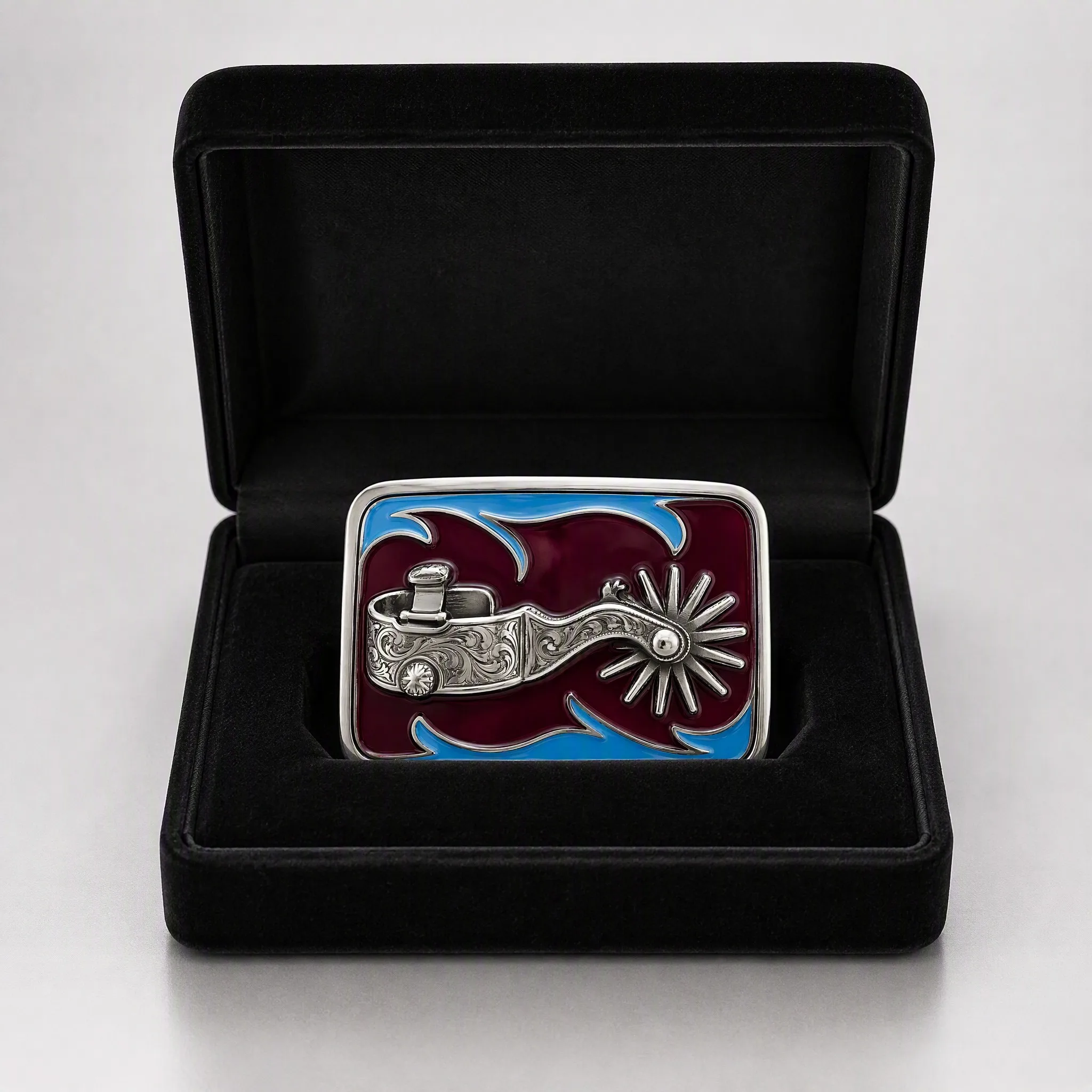 Hard enamel spur belt buckle in velvet gift box packaging