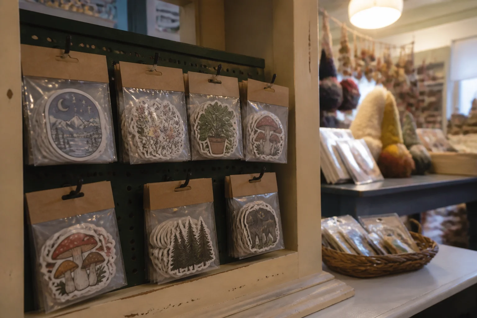 Sticker pack display and basket in a small gift shop