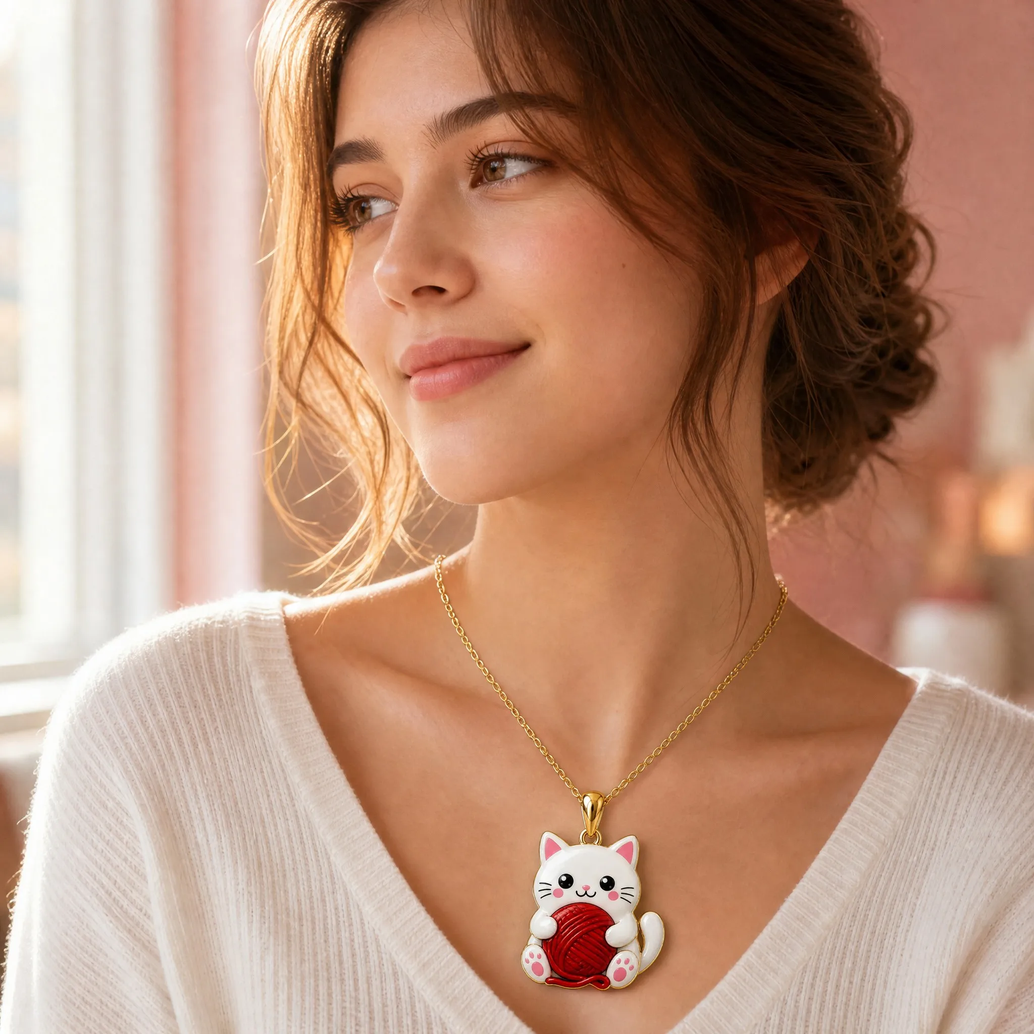 Young woman wearing kawaii cat pendant necklace, lifestyle photo