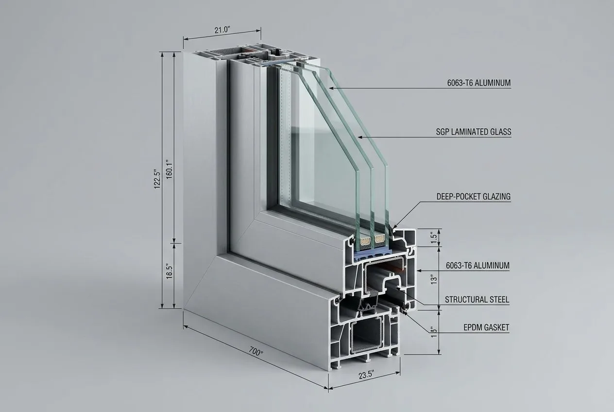 Technical 3D Render of Hurricane Proof Aluminum Window Profile with SGP Interlayer