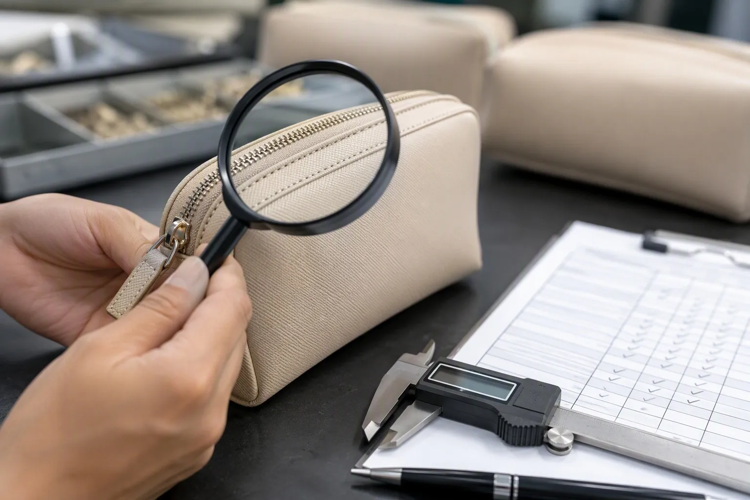 QC inspector examining stitching density and zipper with magnifying glass and digital caliper
