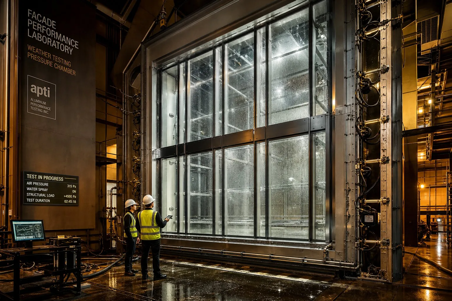 Aluminum curtain wall mock-up under weather performance testing in facade laboratory