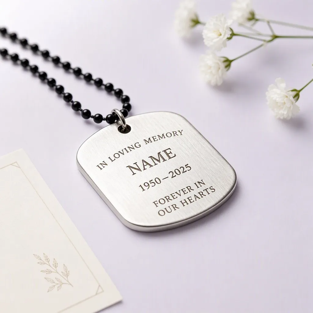 Silver memorial dog tag with flowers on lavender studio backdrop