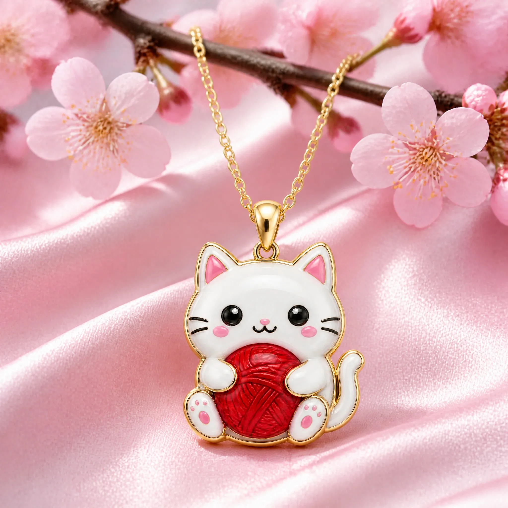 Cat pendant necklace styled on pink satin with cherry blossoms