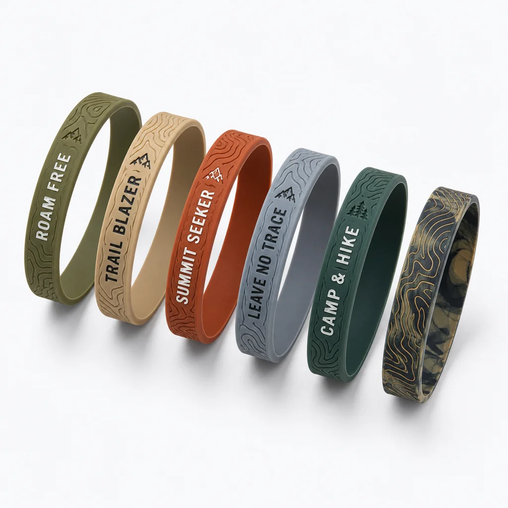 Assortment of outdoor adventure gorpcore silicone wristbands lineup