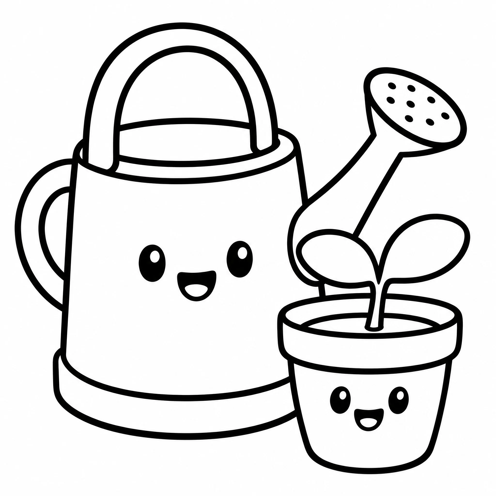 Bold and easy watering can and potted seedling coloring page in clean thick lines