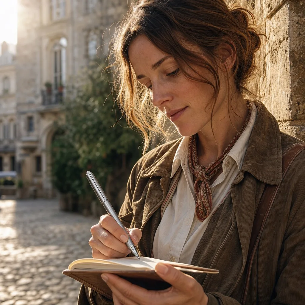 Woman writing with silver vintage pen in European heritage location