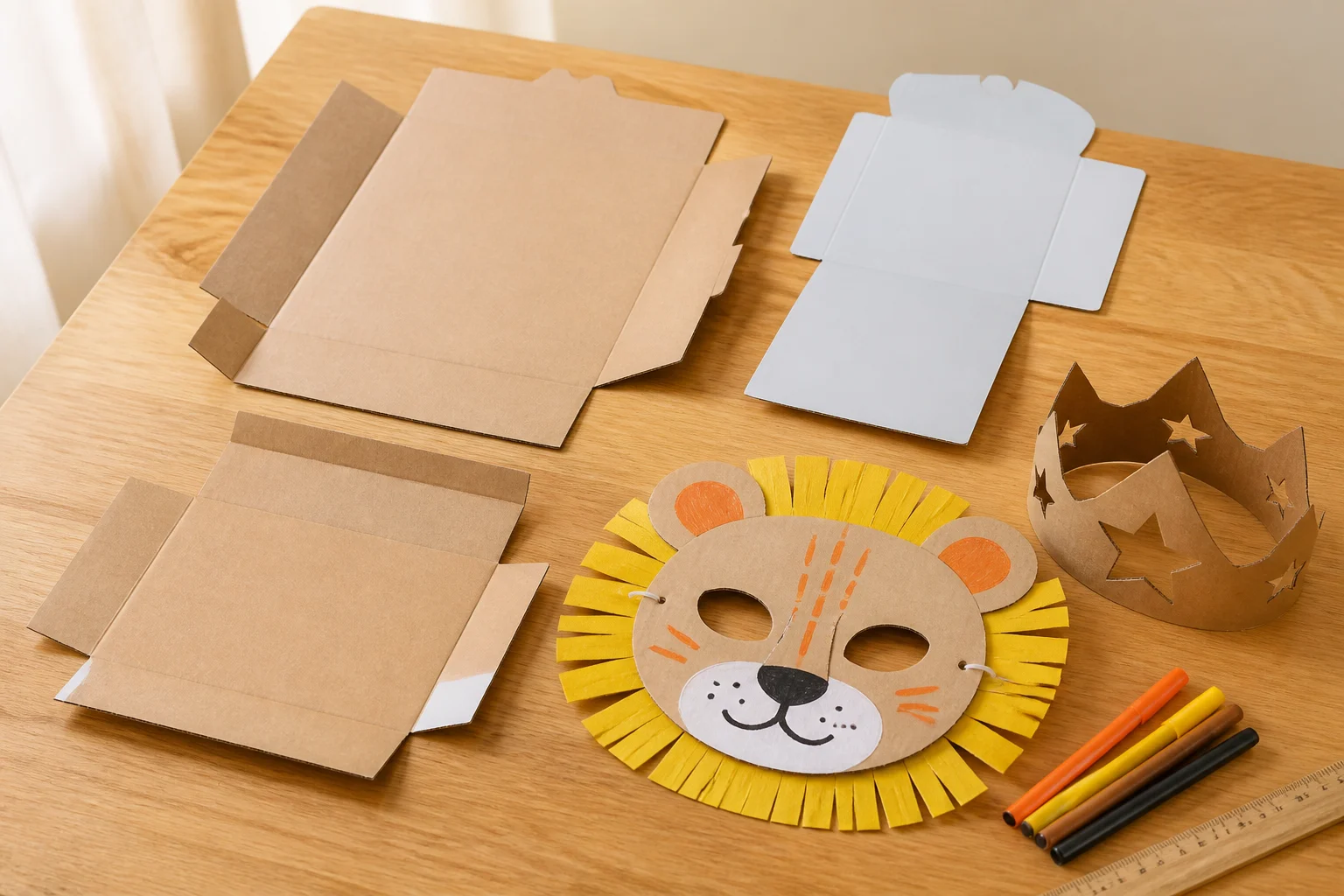 Thin cardboard pieces — cereal box and lightweight packaging unfolded flat, with a finished animal mask and crown
