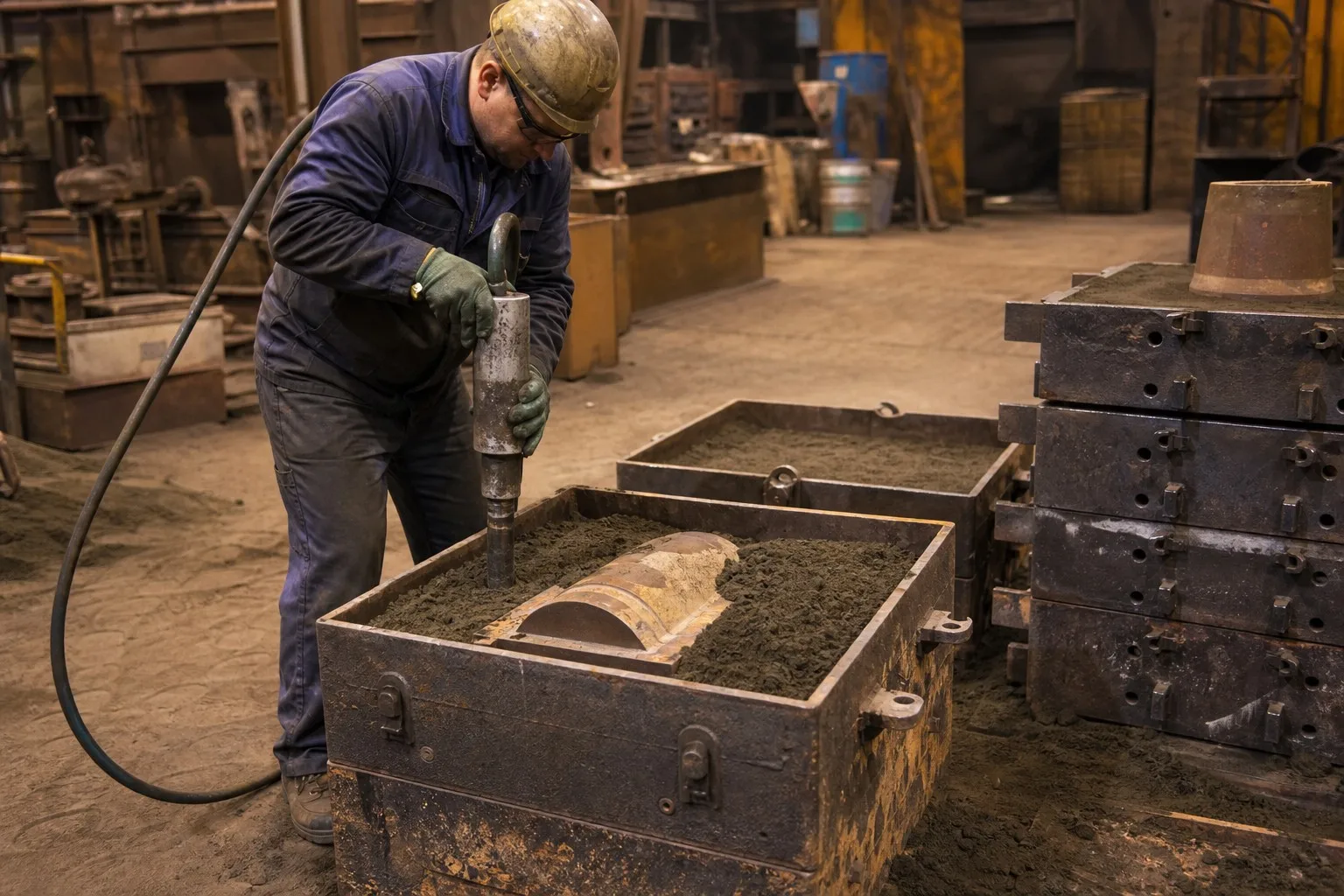 Foundry worker compacting green sand around pattern in sand casting mold flask