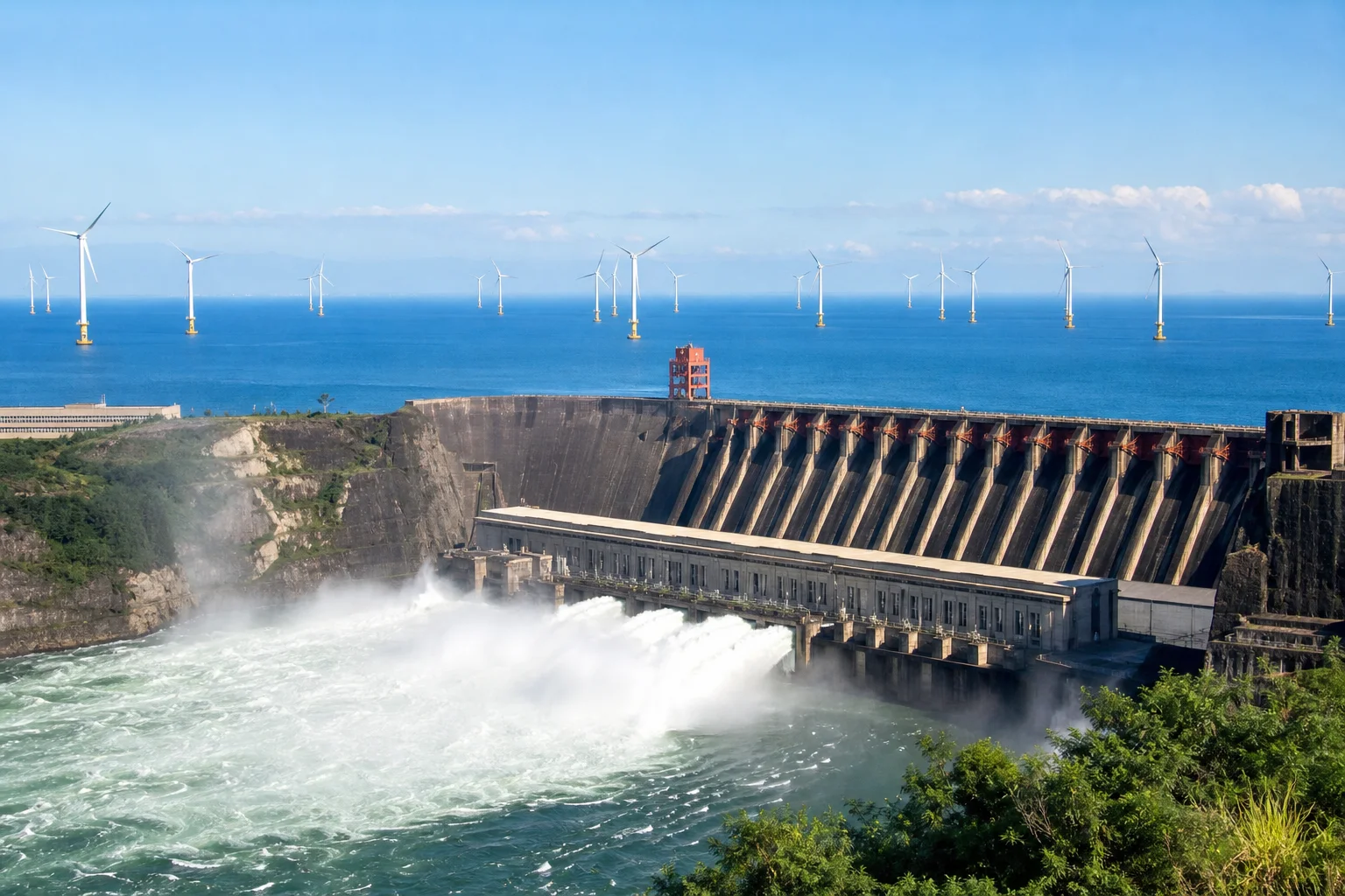 Hydroelectric dam powerhouse and offshore wind turbine farm showing renewable energy technology