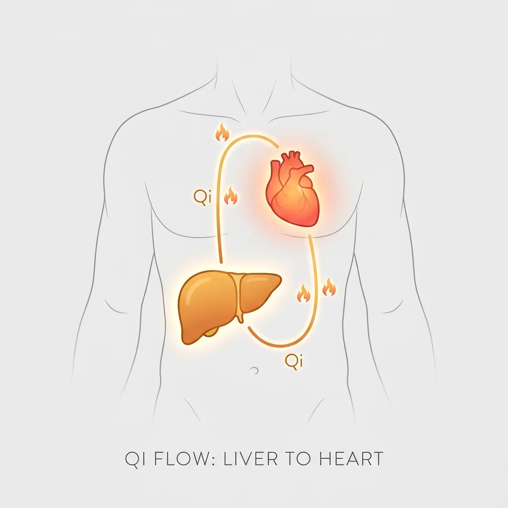 Diagram showing the flow of Liver Qi and the accumulation of stress-induced heat in the Heart system