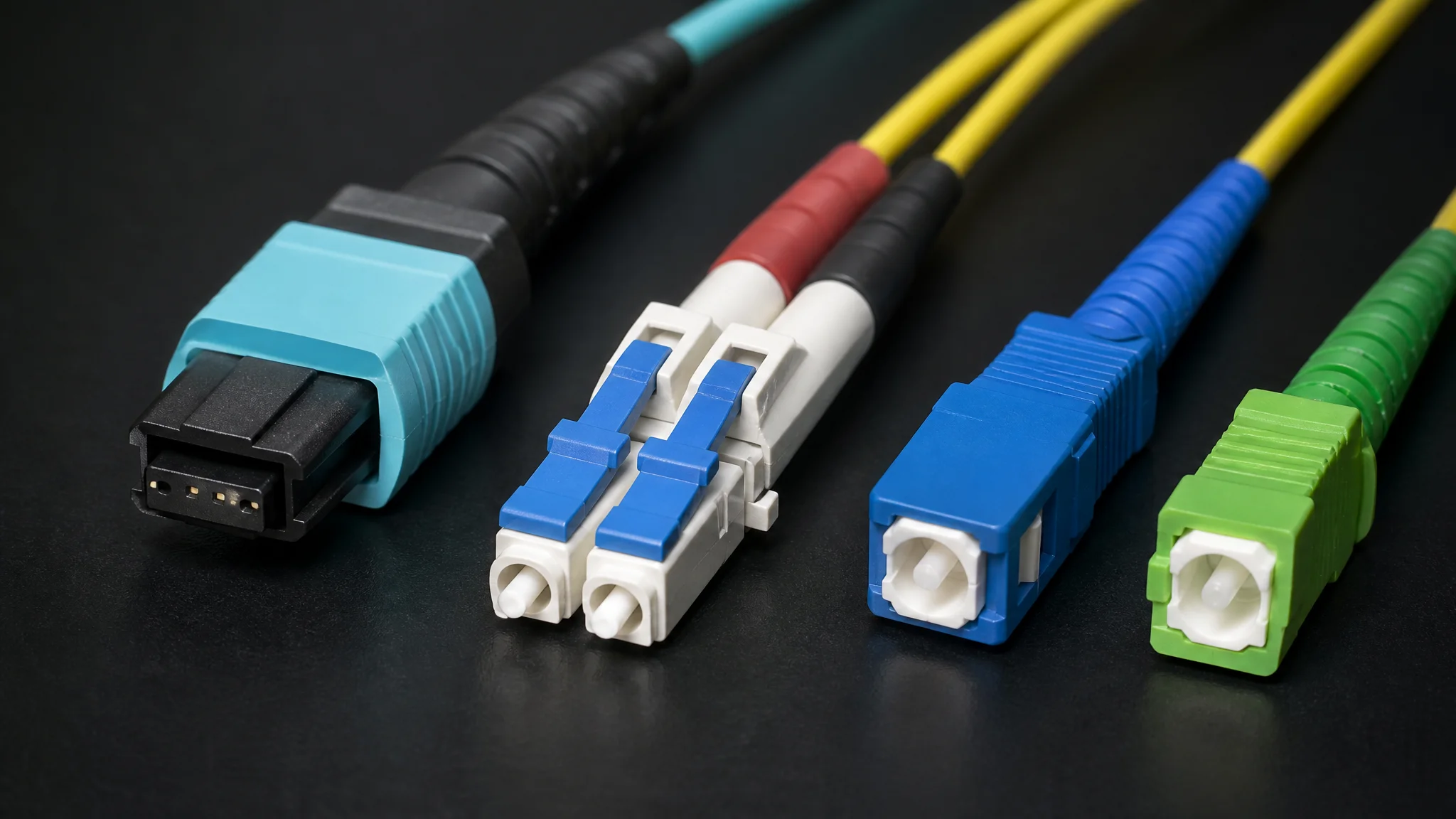 Row of fiber connectors including MPO, LC duplex and SC on a dark surface