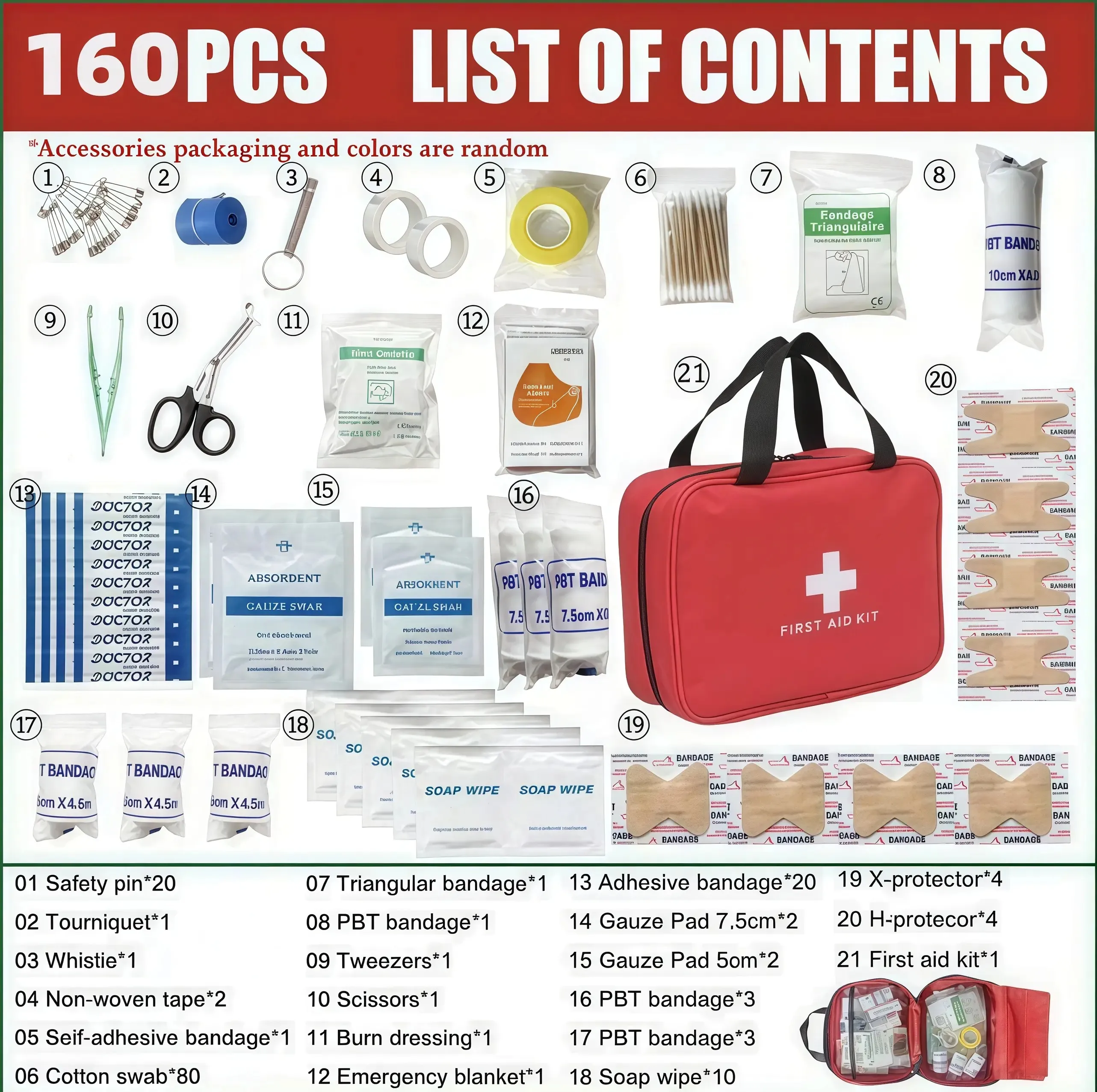Numbered list of 160 first aid components