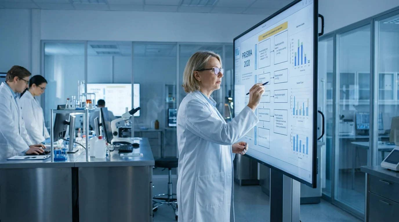 Researcher reviewing a PRISMA 2020 flow diagram