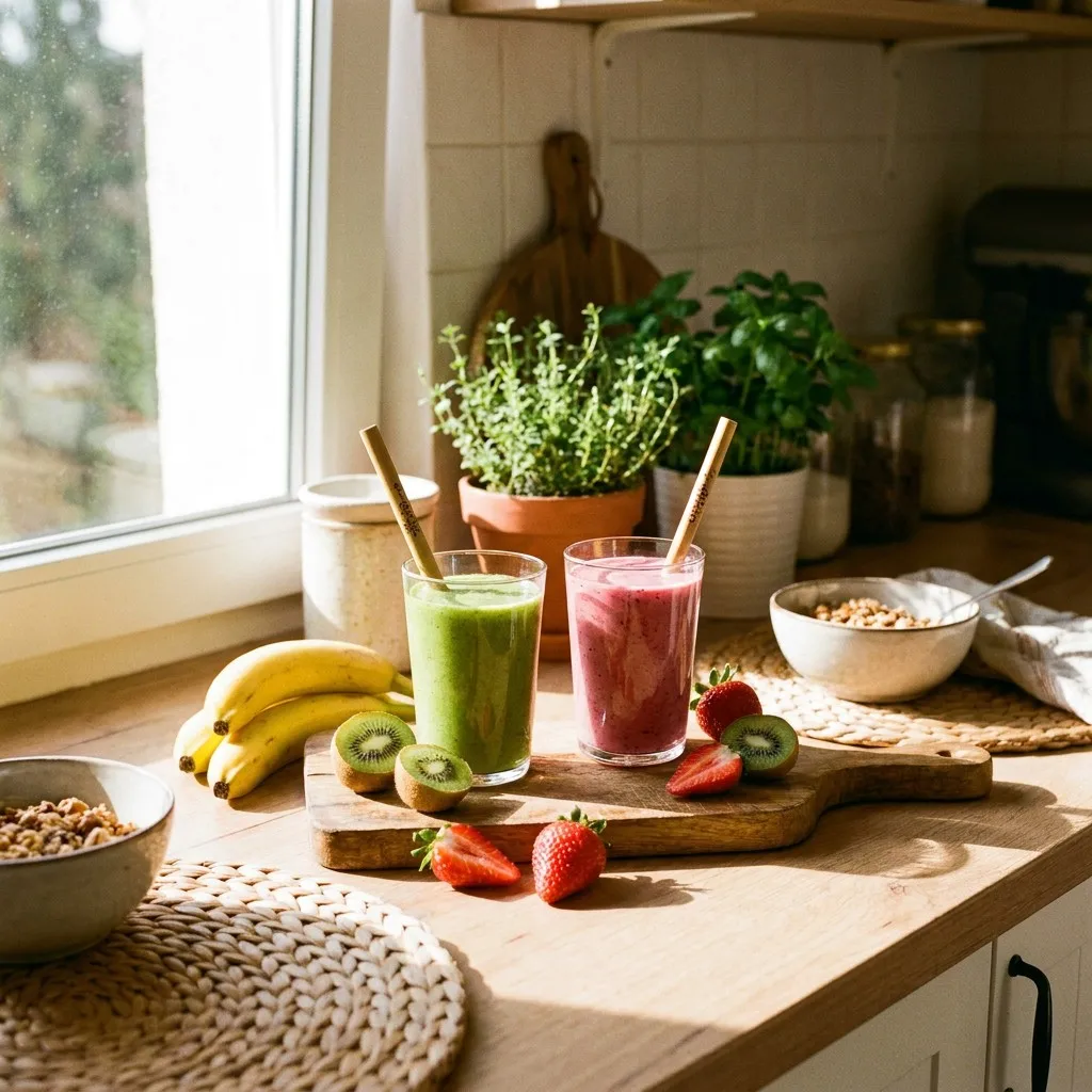 Two colorful smoothie glasses with decorative organic bamboo straws on sunny kitchen counter with fresh fruits