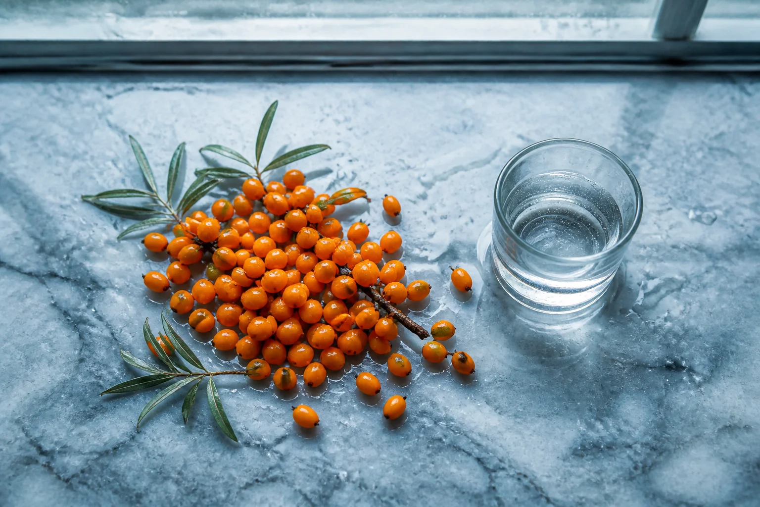 ripe sea buckthorn berries water droplets ice blue marble botanical still life