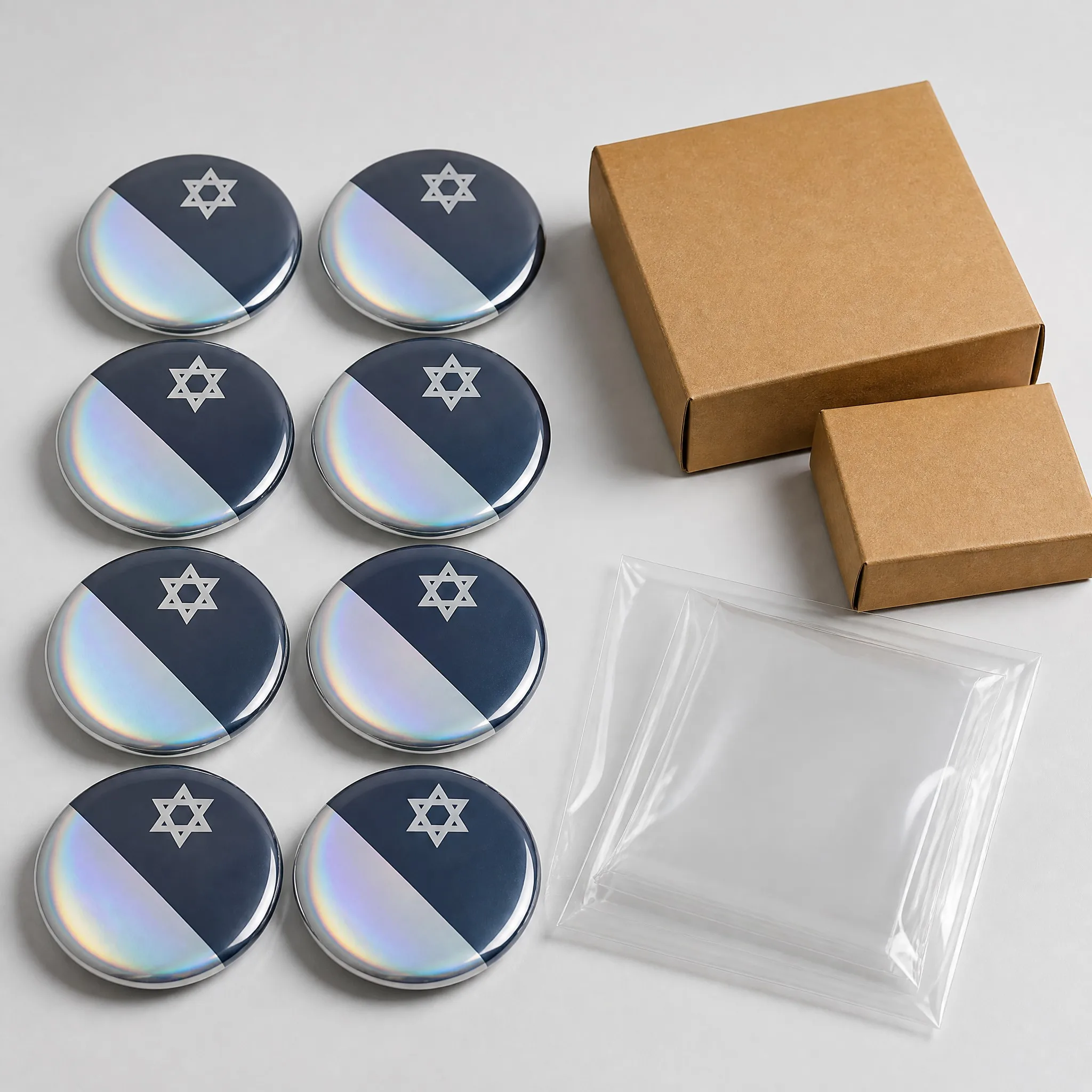 Bulk packaging of holographic pin back button badges