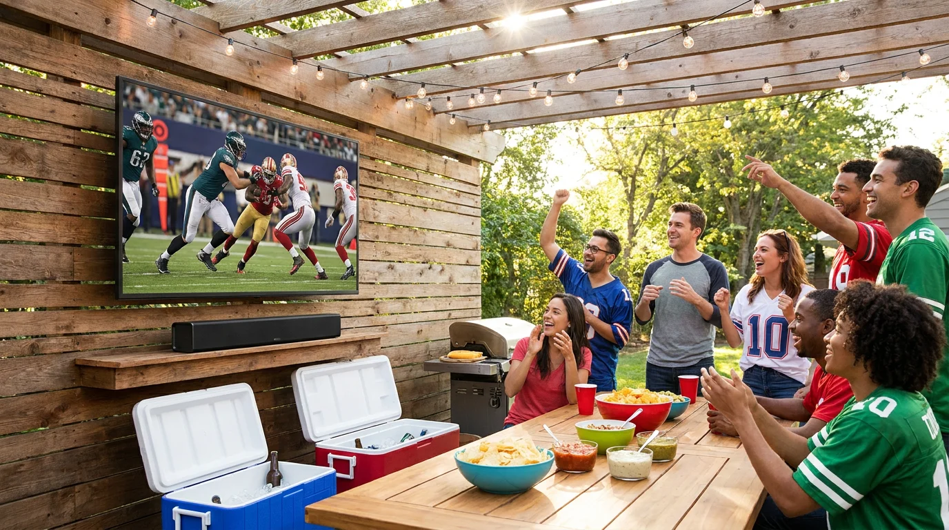 Outdoor sports viewing setup with TV, soundbar, and patio seating